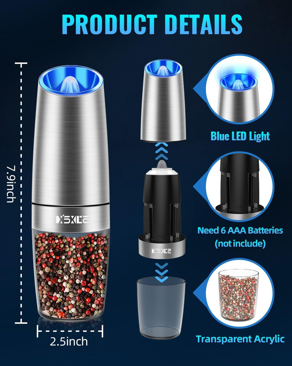 Gravity Electric Pepper and Salt Grinder Set, Salt/Pepper Mill & Adjustable Coarseness, Battery Powered with LED Light, One Hand Automatic Operation, (Set/Silver)