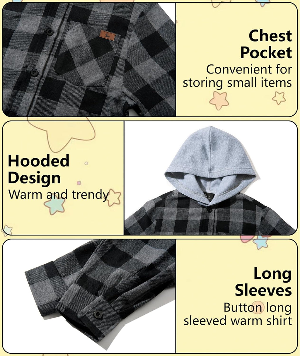 Boys Flannel Shirt with Hood Unisex Kids Long Sleeve Button down Plaid Shirts for 6-15 Years