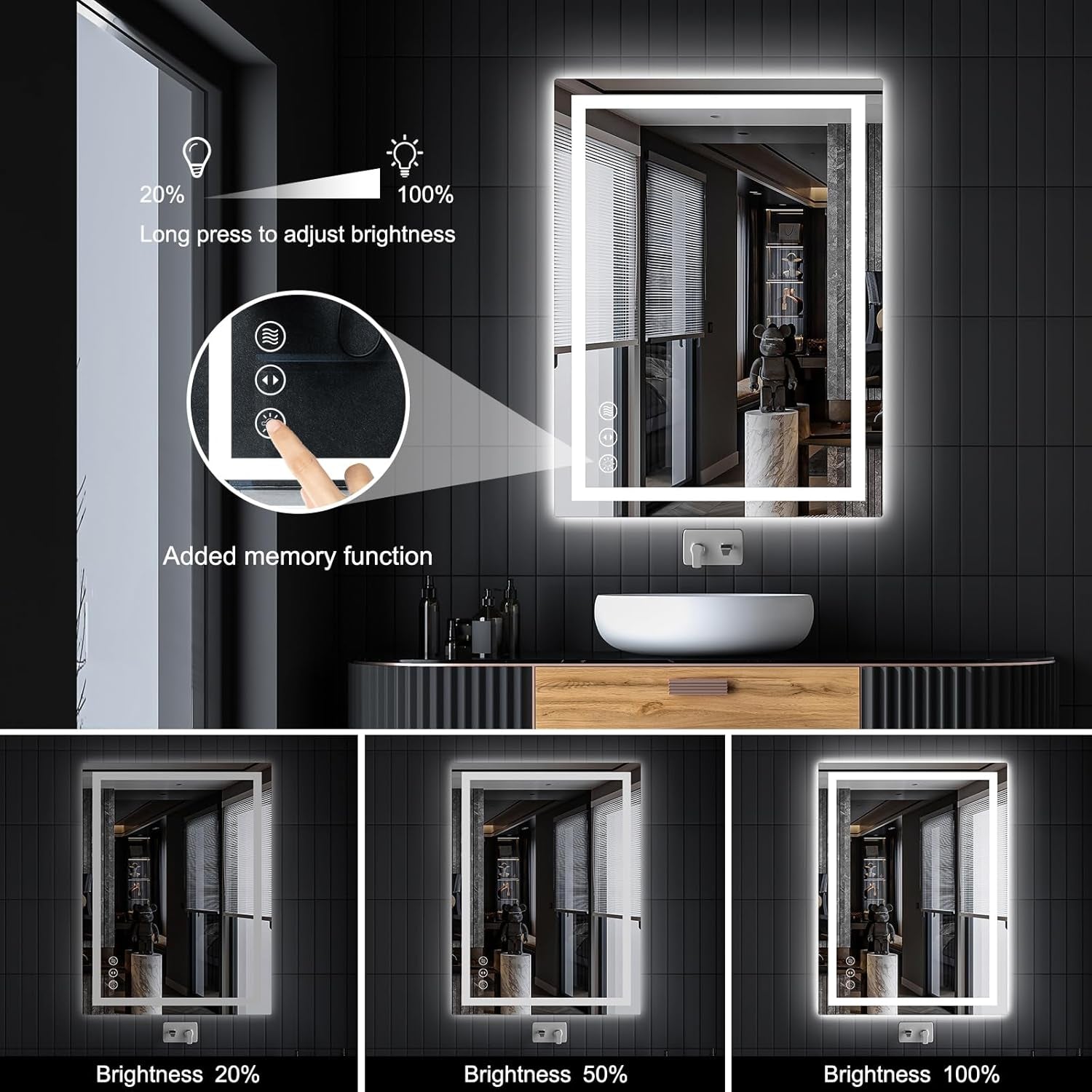 LED Bathroom Mirror with Lights, 24X32 Anti-Fog Wall-Mounted Vanity Mirror with Front and Backlight,Dimmable Bathroom Memory Function Tempered Glass Mirror ETL Listed