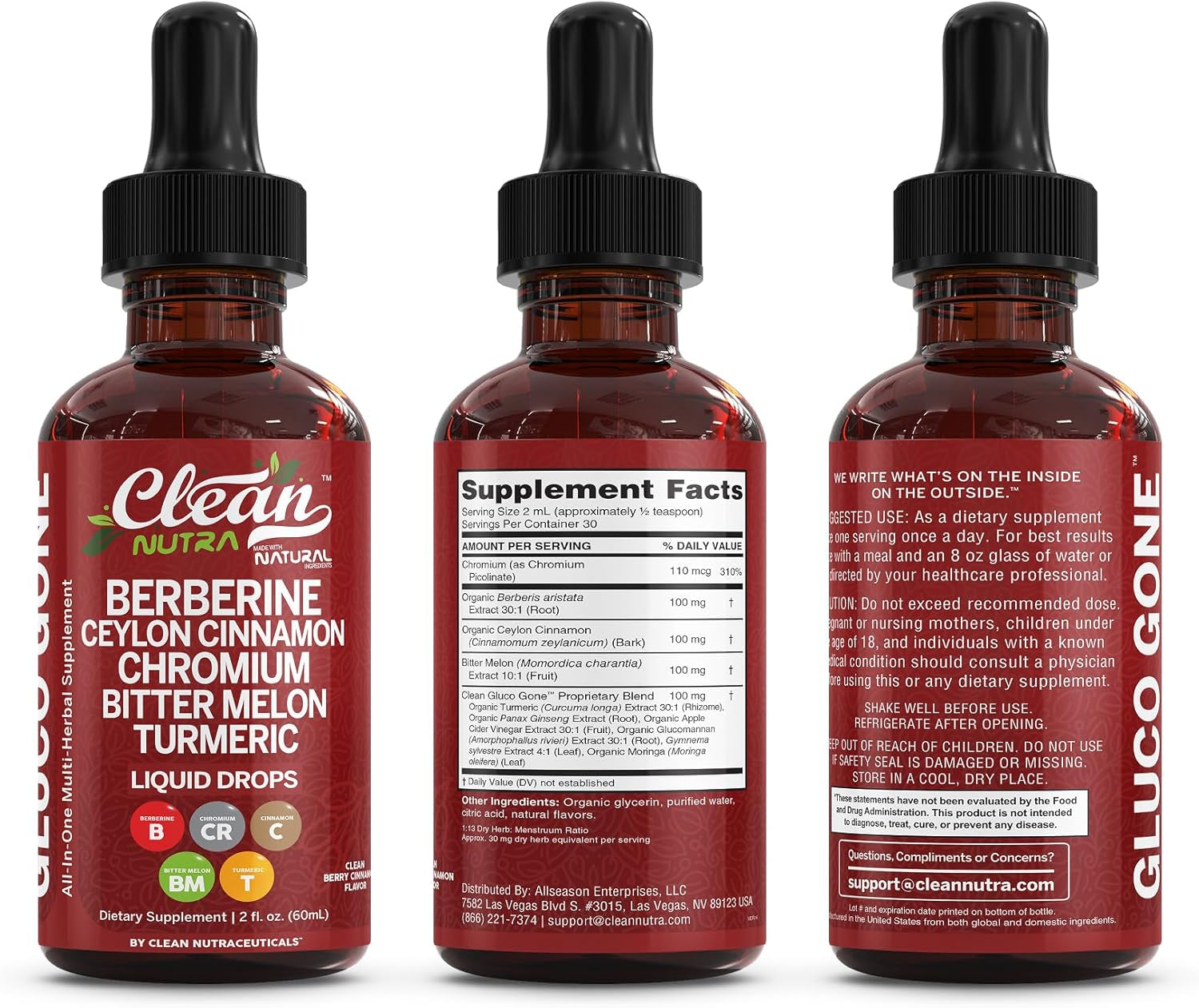 Clean Nutra Berberine with Ceylon Cinnamon Supplement Liquid Drops + Bitter Melon Extract, Glucomannan, Gymnema, Chromium, Turmeric, Organic Panax Ginseng, Moringa GLP-1 Support