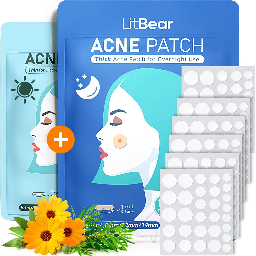 Acne Pimple Patches- Day and Night 4 Sizes 180 Dots Thin & Thick Hydrocolloid Patches with Witch Hazel, Tea Tree & Calendula Oil, Extra Adhesion for Face Zit Patch Dots