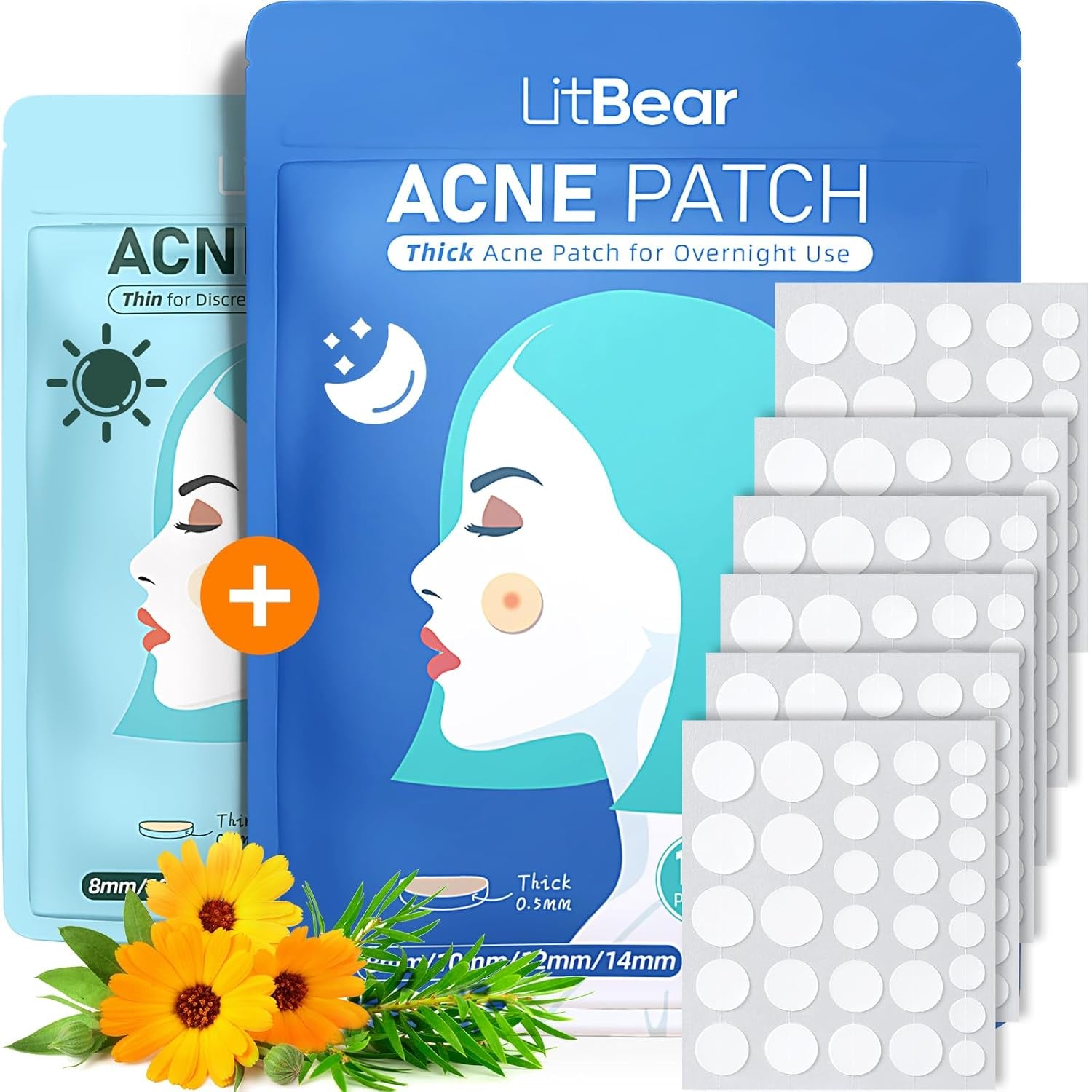 Acne Pimple Patches- Day and Night 4 Sizes 180 Dots Thin & Thick Hydrocolloid Patches with Witch Hazel, Tea Tree & Calendula Oil, Extra Adhesion for Face Zit Patch Dots