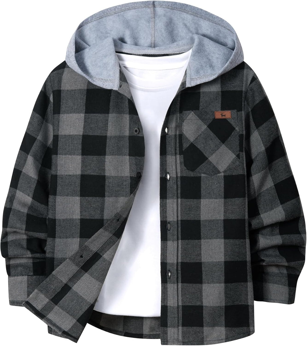 Boys Flannel Shirt with Hood Unisex Kids Long Sleeve Button down Plaid Shirts for 6-15 Years